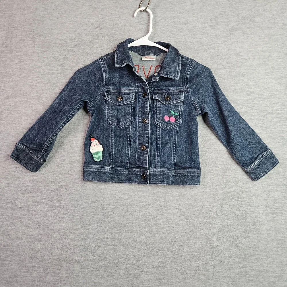 Hanna Andersson Girls Denim Jacket Size 5 110cm Cherry Cupcake Patch